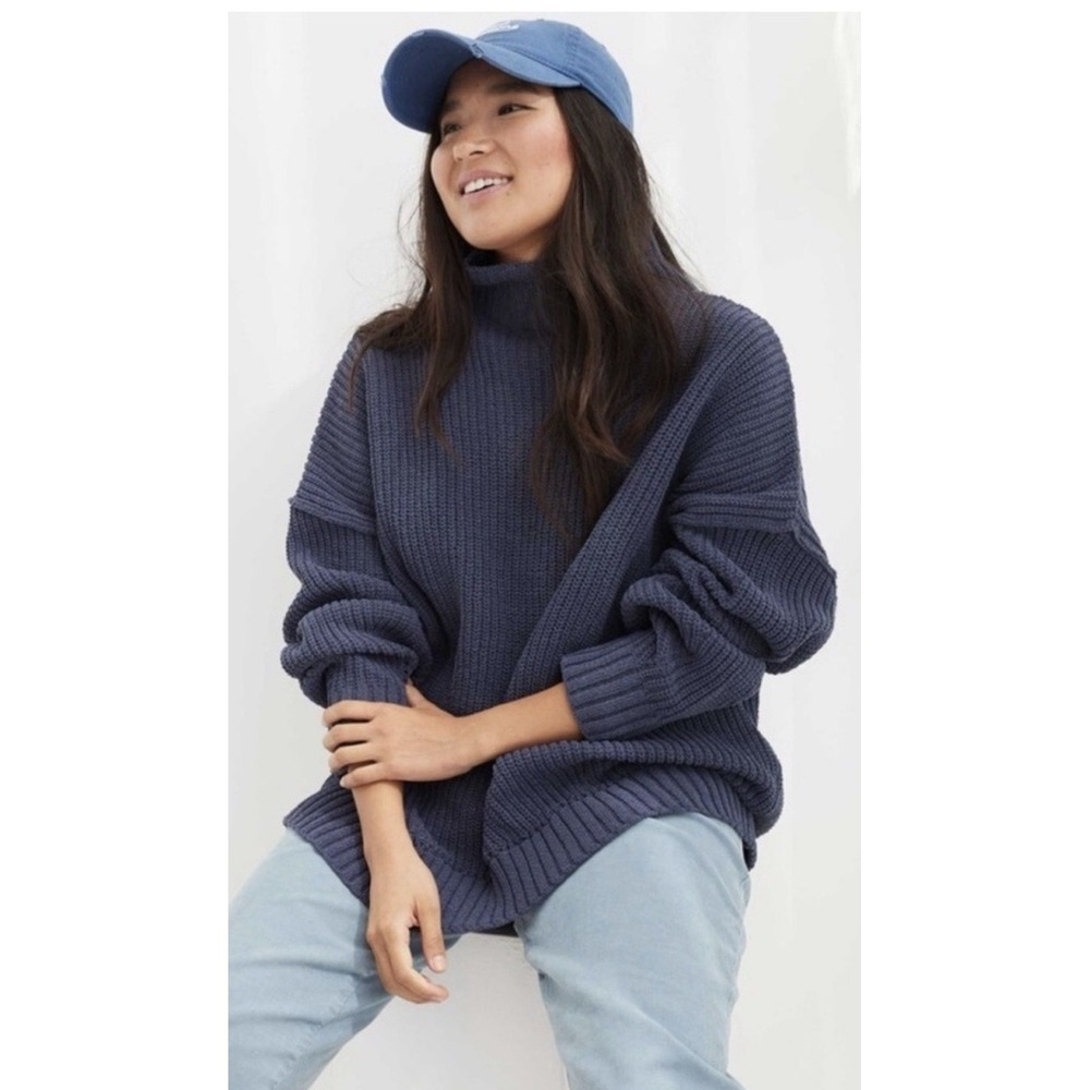 Aerie Sweater Womens SM Blue Mock Neck Chunky Knit Pullover Relaxed Boxy Slouchy